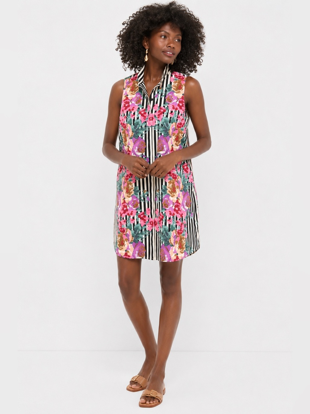 Tuckernuck Charlie Sleeveless Shirt Dress in Black/Ivory Floral Stripe, Size L